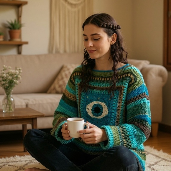 Handmade Crochet Evil Eye Sweater New handcrafted Bohemian Wide Sleeved - Picture 10 of 12